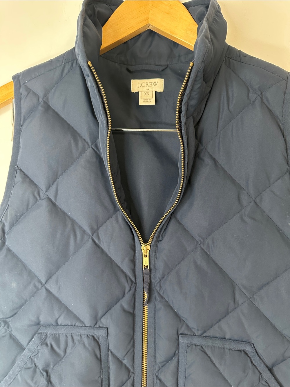 J. Crew Diamond-Quilted Zip Vest in Navy with Gold Hardware